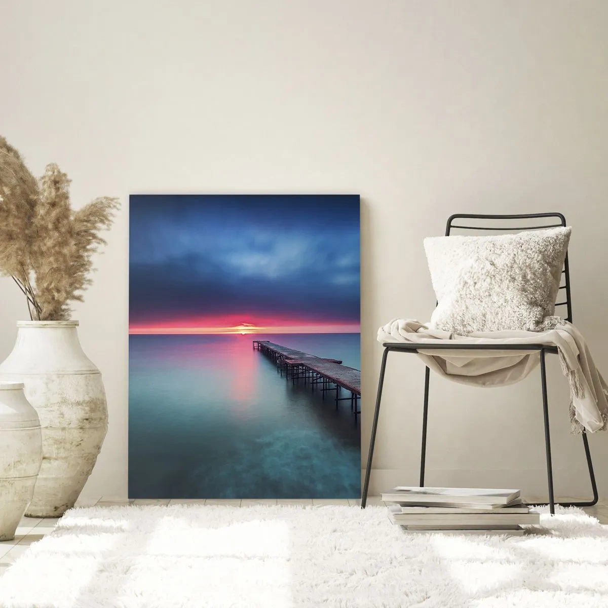 Cuadro sobre vidrio - Impresiones sobre Vidrio - Un muelle de madera que conduce directamente al mar al atardecer. - 80x120cm - Entre el cielo y el agua - Decoración de pared moderna para salón y dormitorio ARTTOR