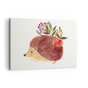 Cuadro sobre lienzo - Impresión de Imagen - Un lindo erizo con una manzana y plantas en un estilo ilustrativo. - 100x70cm - Y ya te gusto - Decoración de pared moderna para salón y dormitorio ARTTOR
