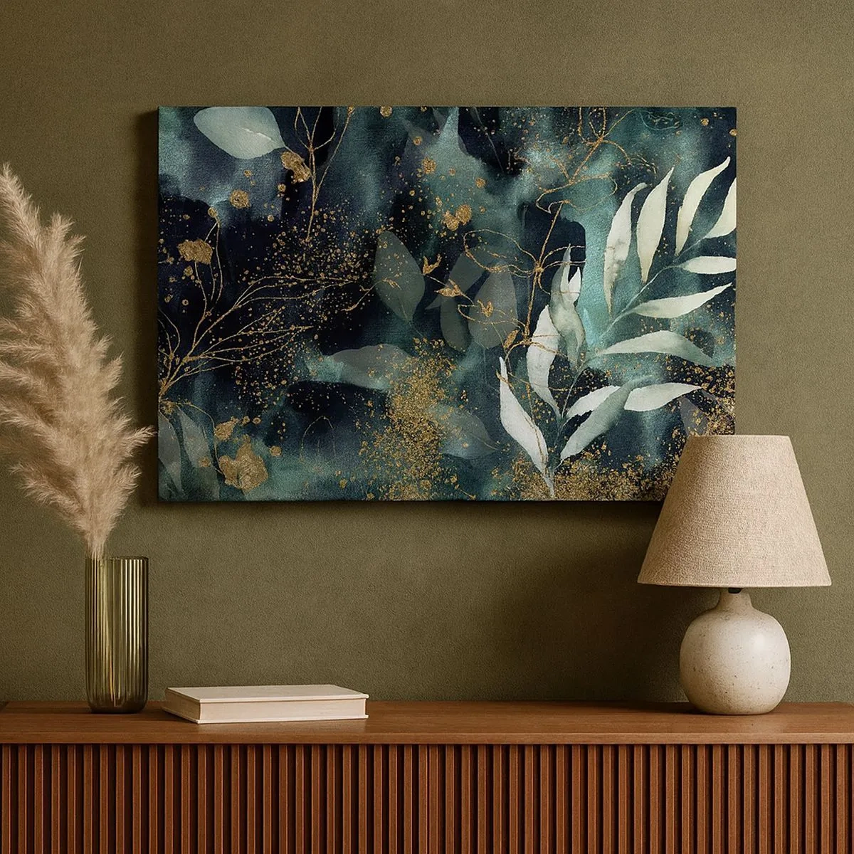 Cuadro sobre lienzo - Impresión de Imagen - Hojas elegantes sobre un fondo oscuro con acentos dorados. - 70x50cm - Jardín encantado - Decoración de pared moderna para salón y dormitorio ARTTOR