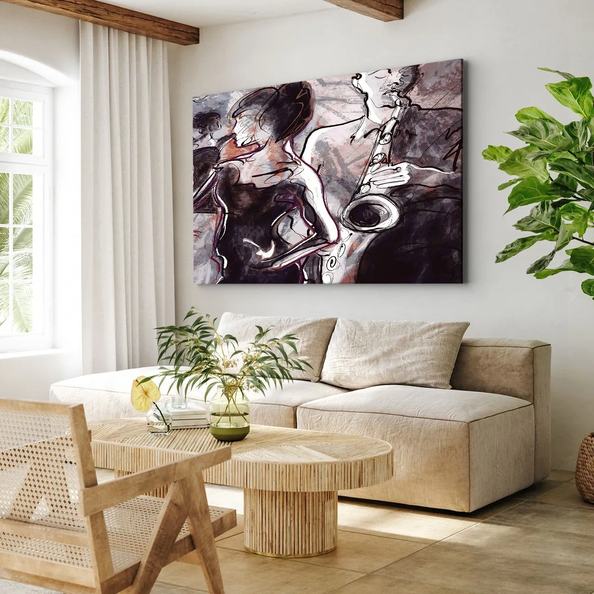 Cuadro sobre lienzo - Impresión de Imagen - Escena de jazz abstracta con un saxofonista y una mujer bailando. - 70x50cm - Fundirse en uno con la música - Decoración de pared moderna para salón y dormitorio ARTTOR