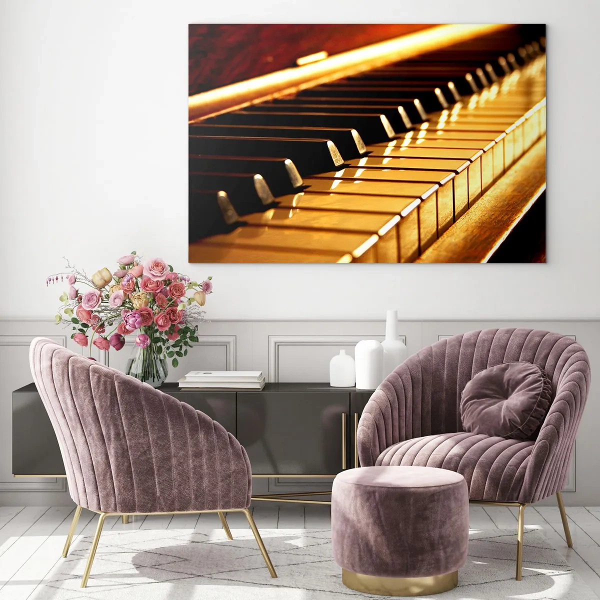 Cuadro sobre vidrio - Impresiones sobre Vidrio - Primer plano de las teclas del piano bajo una luz cálida - 120x80cm - Posibilidades ilimitadas - Decoración de pared moderna para salón y dormitorio ARTTOR
