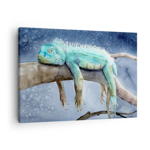 Cuadro sobre lienzo - Impresión de Imagen - Iguana azul descansando en una rama - 70x50cm - Me siento bien, ¿y tú? - Decoración de pared moderna para salón y dormitorio ARTTOR
