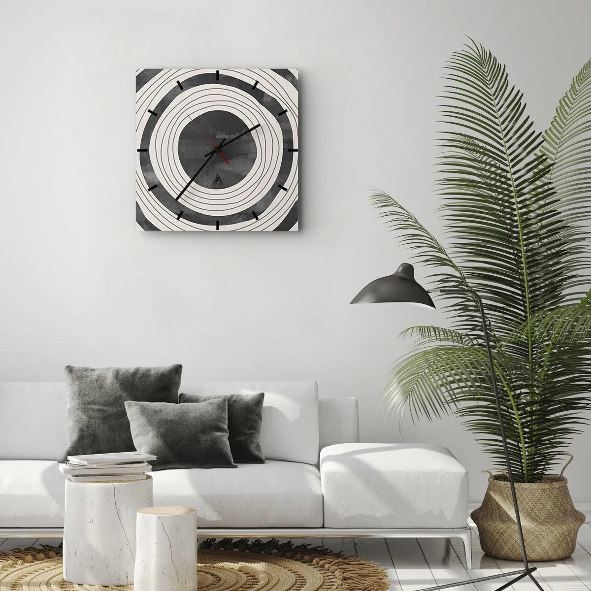 Reloj de pared - Reloj de vidrio - Círculos concéntricos en blanco y negro sobre un fondo claro - 30x30cm - En el centro mismo - Decoración de pared moderna para salón y dormitorio ARTTOR