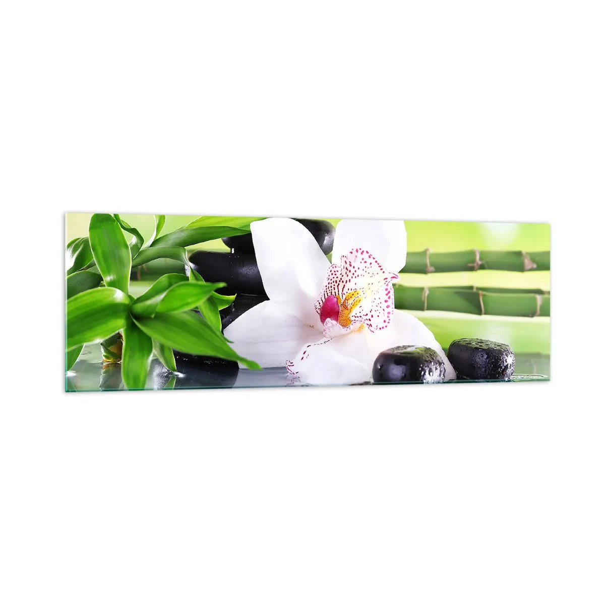 Cuadro sobre vidrio - Impresiones sobre Vidrio - Orquídea, piedras y bambú en una armoniosa composición de spa. - 160x50cm - Frescura - Decoración de pared moderna para salón y dormitorio ARTTOR