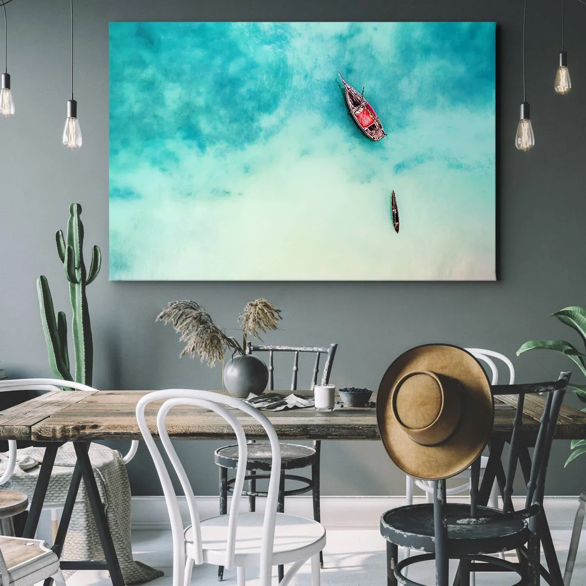 Cuadro sobre lienzo - Impresión de Imagen - Barcos en aguas turquesas vistos a vista de pájaro - 120x80cm - Porque en las playas de Zanzíbar, cuando las aguas se desbordan... - Decoración de pared moderna para salón y dormitorio ARTTOR