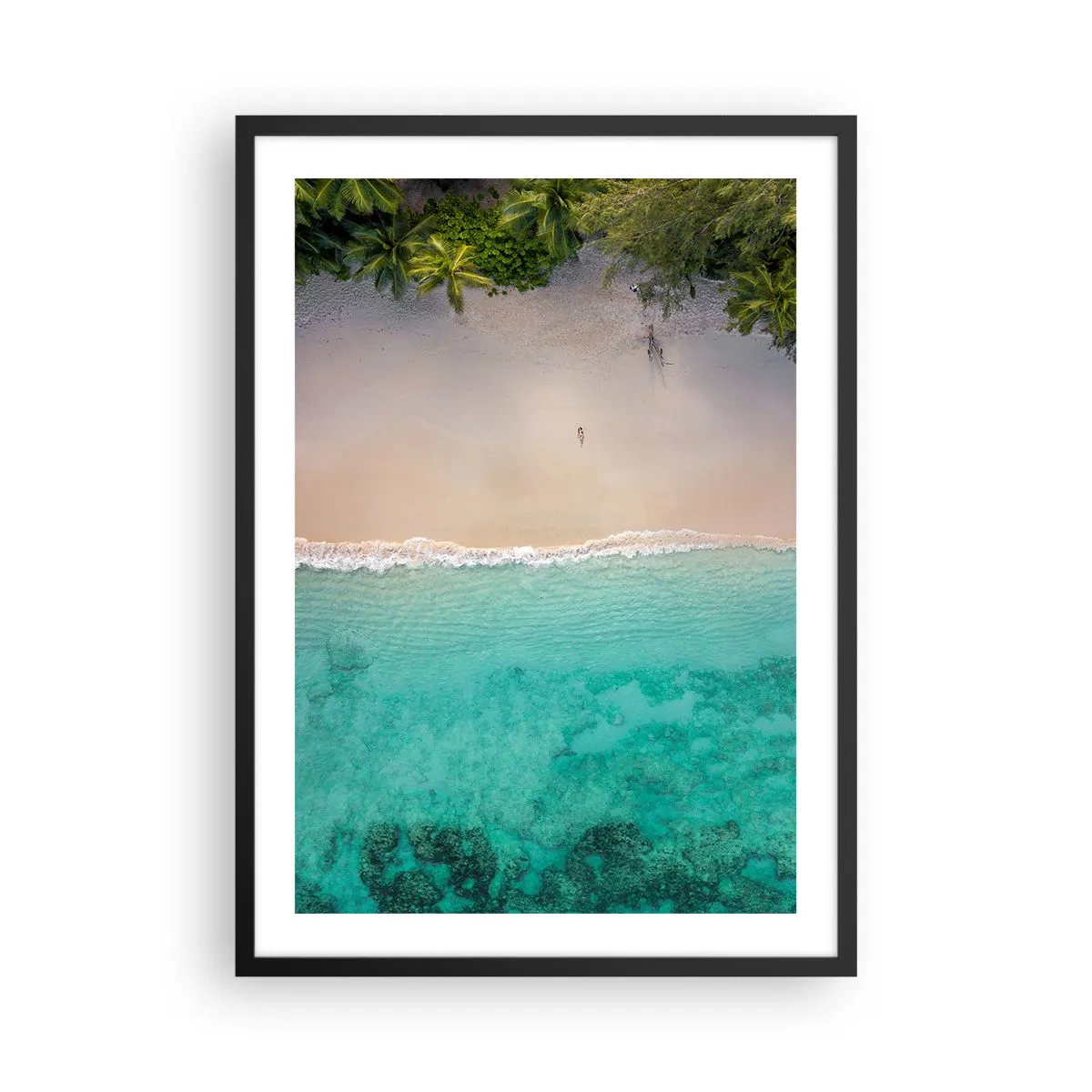 Póster en marco negro - Vista aérea de la playa con agua turquesa y palmeras. - 50x70cm - Playa del paraíso - Decoración de pared moderna para salón y dormitorio ARTTOR