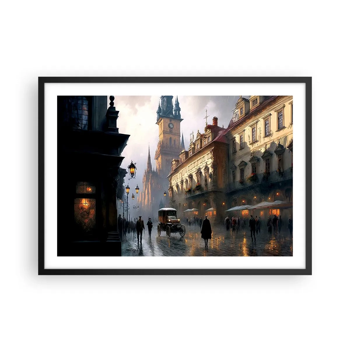 Póster en marco negro - Escena callejera nocturna con arquitectura histórica - 70x50cm - La magia de una noche de Praga - Decoración de pared moderna para salón y dormitorio ARTTOR