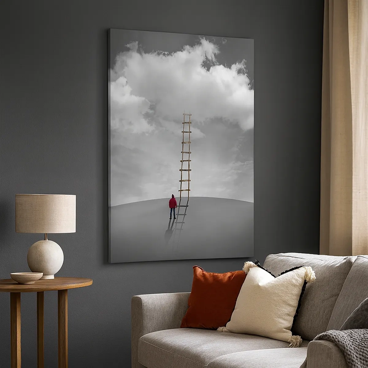 Cuadro sobre lienzo - Impresión de Imagen - Una persona con un abrigo rojo y una escalera que conduce a una nube. - 50x70cm - Todo es posible - Decoración de pared moderna para salón y dormitorio ARTTOR