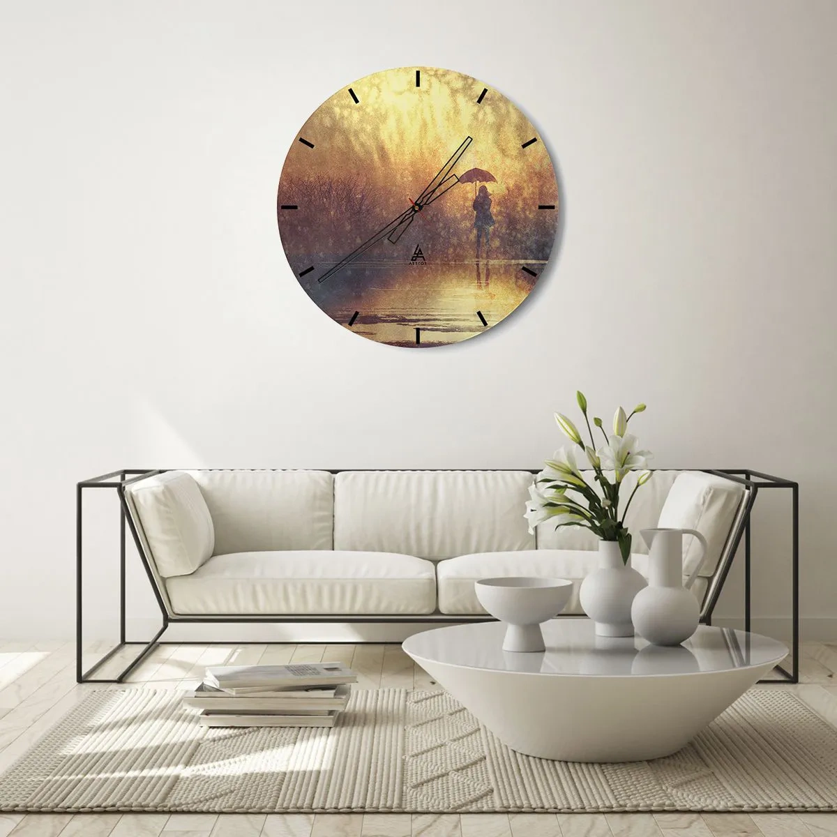 Reloj de pared - Reloj de vidrio - Una figura con un paraguas contra el fondo de la lluvia y la luz cálida. - 30x30cm - Siento que alguien me mira - Decoración de pared moderna para salón, cocina y dormitorio ARTTOR
