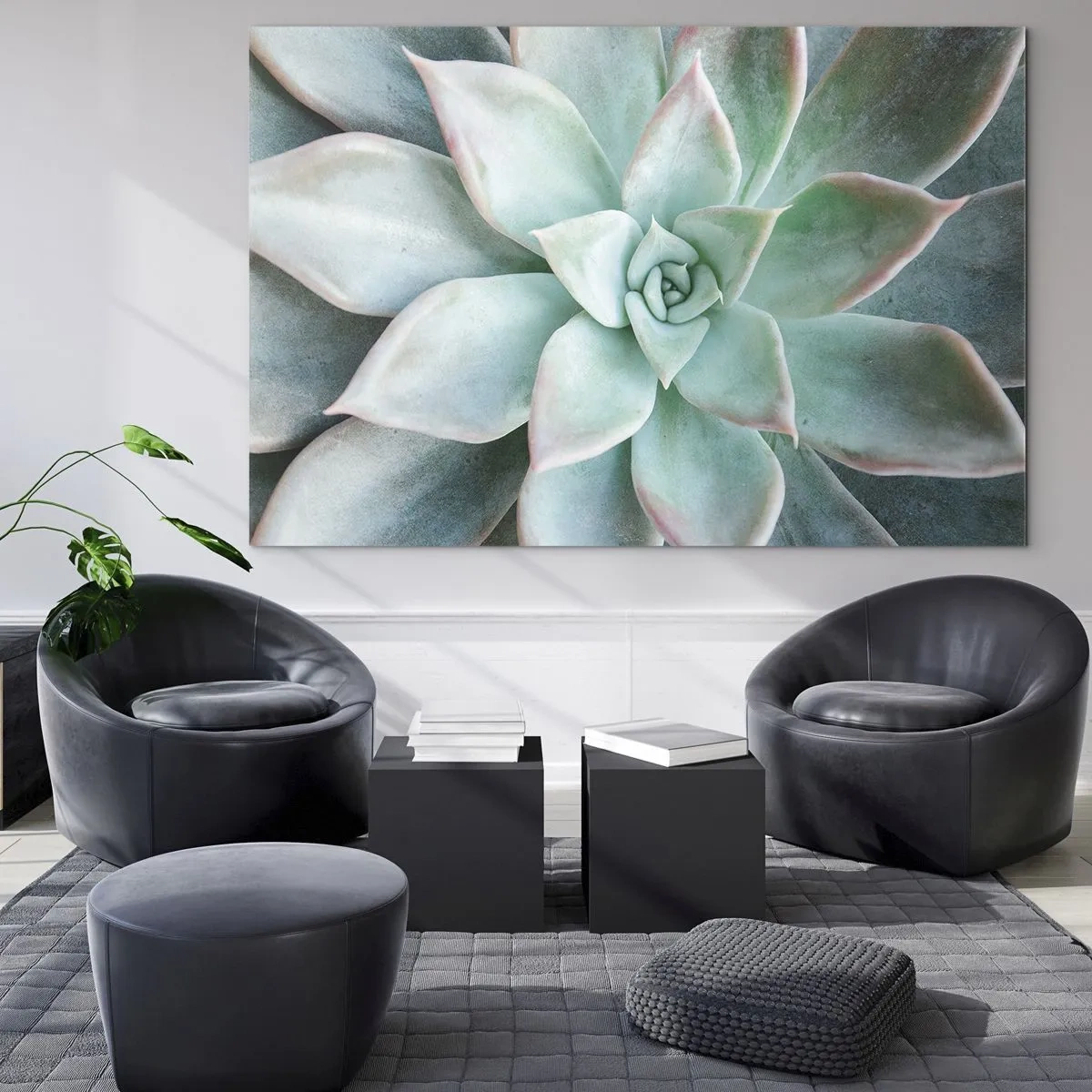 Cuadro sobre vidrio - Impresiones sobre Vidrio - Hojas suculentas secas con un delicado tono verde grisáceo. - 70x50cm - El corazón del desierto - Decoración de pared moderna para salón y dormitorio ARTTOR