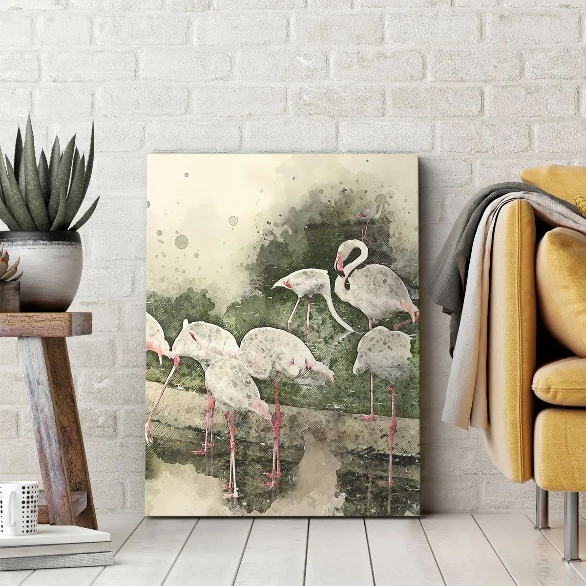 Cuadro sobre lienzo - Impresión de Imagen - Flamencos en su entorno natural en estilo acuarela. - 50x70cm - Un sueño exótico - Decoración de pared moderna para salón y dormitorio ARTTOR