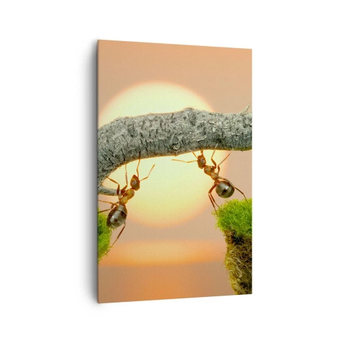 Cuadro sobre lienzo - Impresión de Imagen - Hormigas construyendo un puente de ramas con el sol poniente como telón de fondo. - 80x120cm - Trabajar juntos con alegría - Decoración de pared moderna para salón y dormitorio ARTTOR