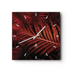Reloj de pared - Reloj de vidrio - Primer plano de hojas tropicales rojas - 30x30cm - Las brasas de la vida - Decoración de pared moderna para salón y dormitorio ARTTOR