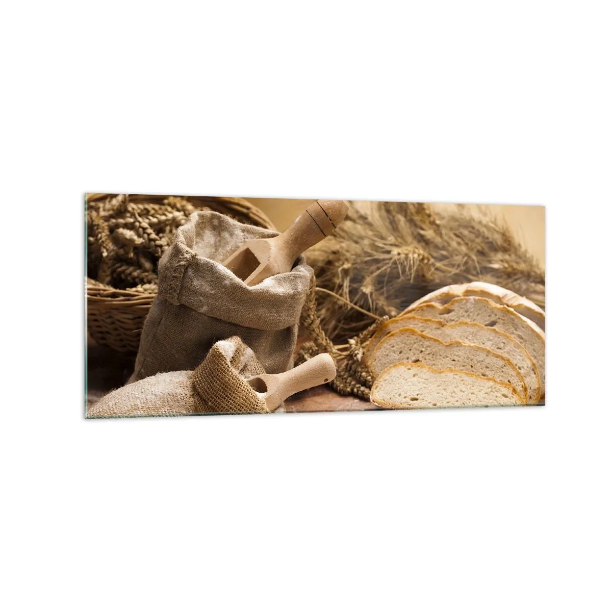 Cuadro sobre vidrio - Impresiones sobre Vidrio - Un paisaje con pan, harina y espigas de trigo en estilo rústico. - 120x50cm - Corte perfecto - Decoración de pared moderna para salón y dormitorio ARTTOR