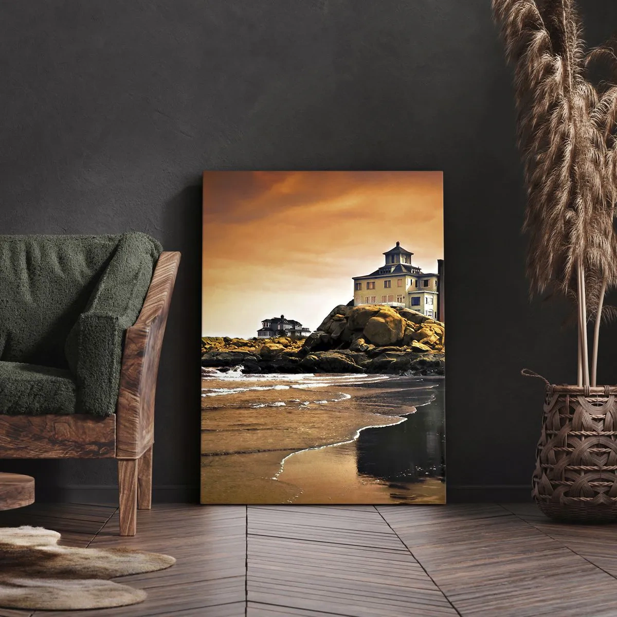 Cuadro sobre lienzo - Impresión de Imagen - Una casa sobre una roca junto a la playa al atardecer con su reflejo en el agua. - 50x70cm - La elegancia de la costa oeste - Decoración de pared moderna para salón y dormitorio ARTTOR