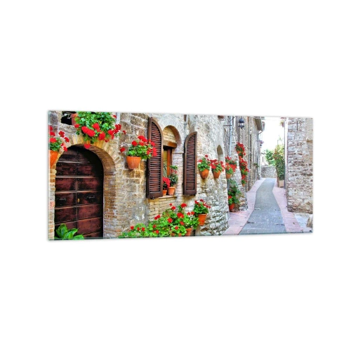 Cuadro sobre vidrio - Impresiones sobre Vidrio - Una calle estrecha con edificios de piedra decorados con macetas. - 120x50cm - Ambiente italiano - Decoración de pared moderna para salón y dormitorio ARTTOR