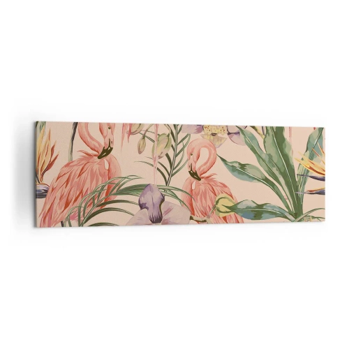 Cuadro sobre lienzo - Impresión de Imagen - Flamencos y flores tropicales sobre un fondo claro. - 160x50cm - Un ballet rosa en flores - Decoración de pared moderna para salón y dormitorio ARTTOR