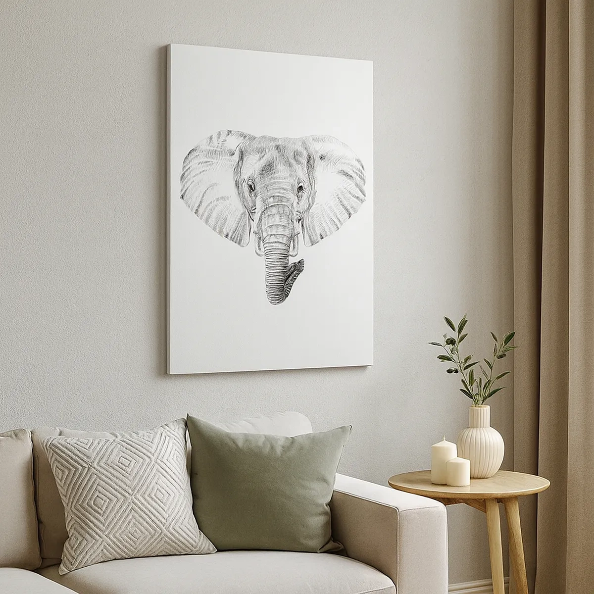 Cuadro sobre lienzo - Impresión de Imagen - Dibujo en blanco y negro de la cabeza de un elefante sobre un fondo blanco. - 50x70cm - Érase una vez un elefante... - Decoración de pared moderna para salón y dormitorio ARTTOR