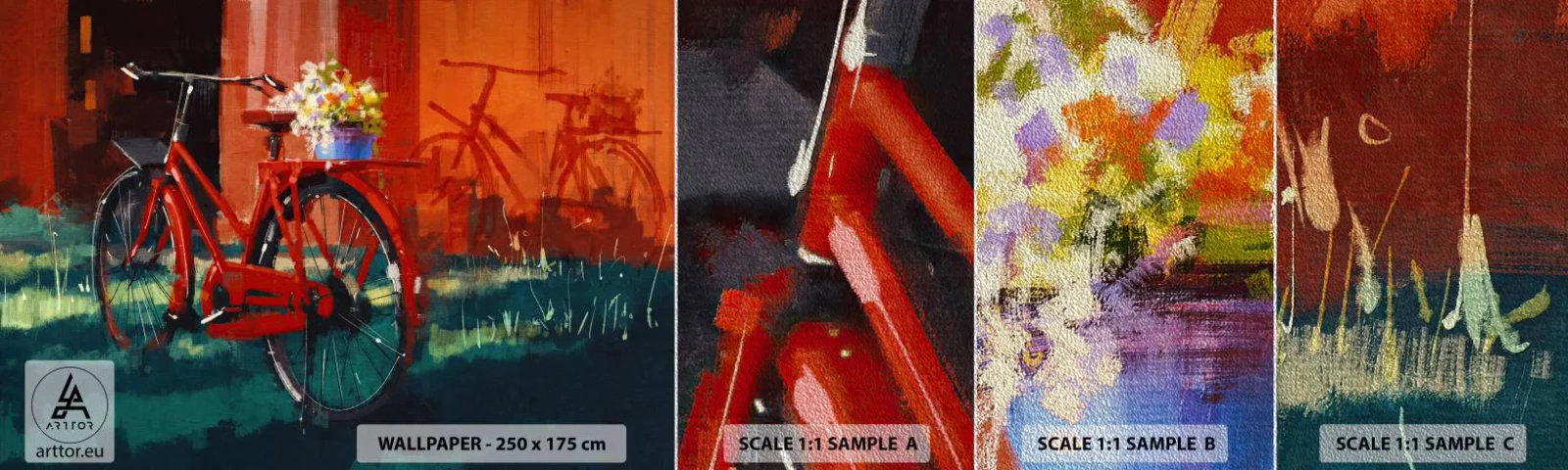 Muestra de fotomural Premium Sand - Quiero ir en bicicleta - bicicleta antigua, flores en maceta, Viaje - 100x30 cm