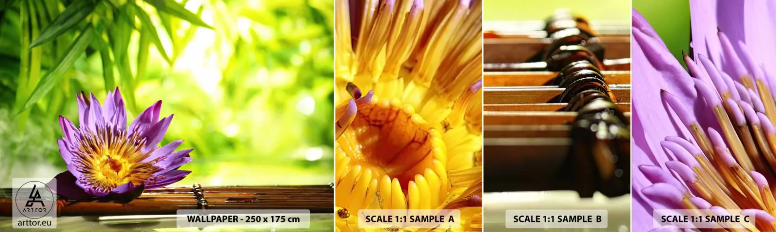 Muestra de fotomural autoadhesivo Deluxe Sticker - Bajo el sol de Asia - Flor, flor de loto, Bambú - 100x30 cm