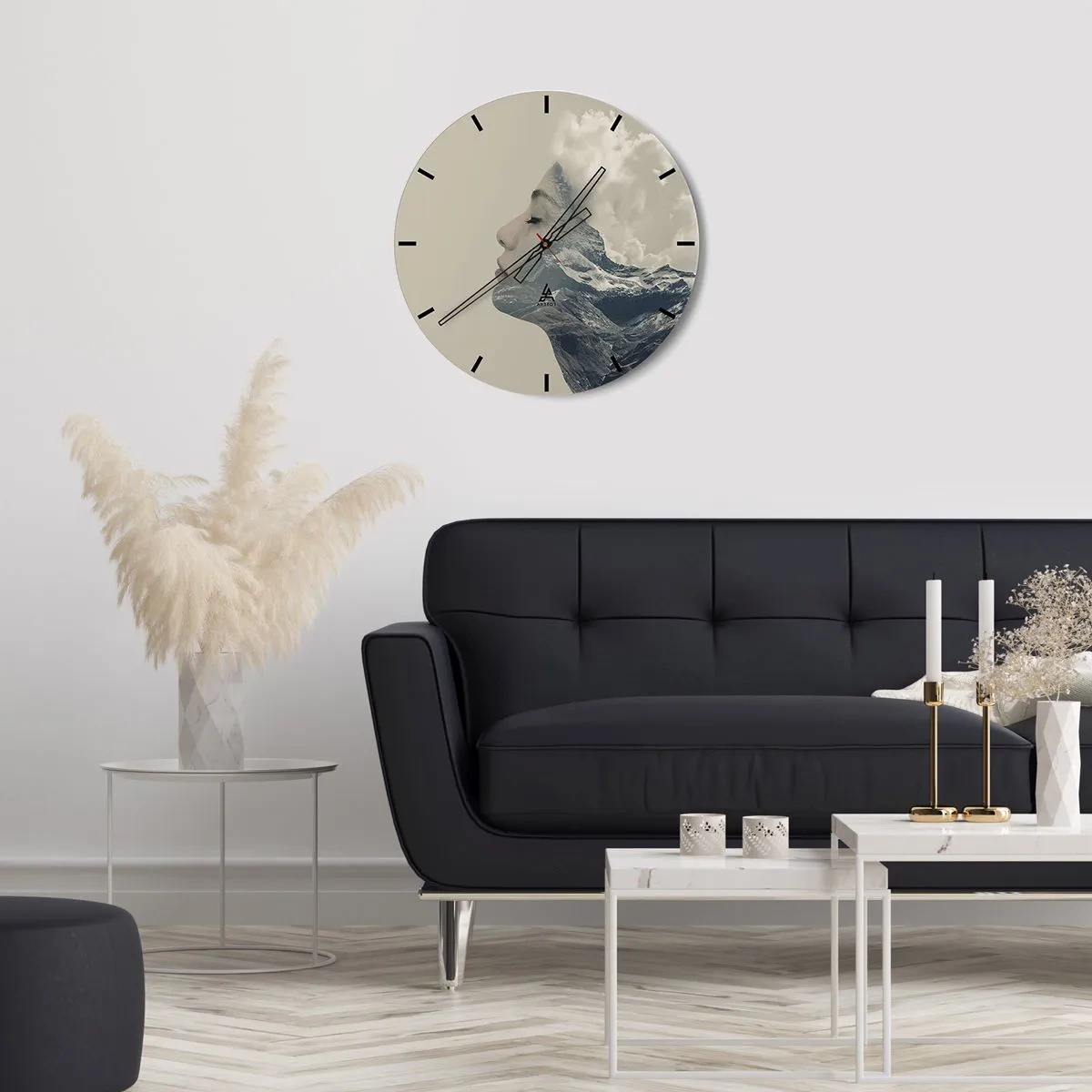 Reloj de pared - Reloj de vidrio - El rostro de una mujer entrelazado con un paisaje de montaña. - 30x30cm - La belleza de los elementos - Decoración de pared moderna para salón, cocina y dormitorio ARTTOR