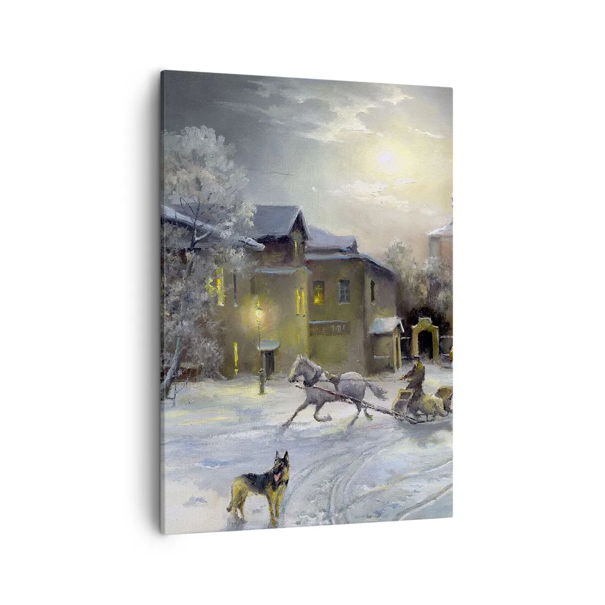 Cuadro sobre lienzo - Impresión de Imagen - Paisaje invernal en un pueblo ruso con un trineo y una iglesia. - 50x70cm - La magia de un invierno ruso - Decoración de pared moderna para salón y dormitorio ARTTOR