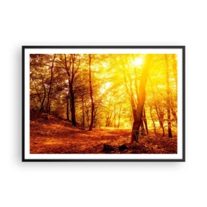 Póster en marco negro - Claro de otoño bajo la luz dorada del sol con un sendero forestal - 100x70cm - Hacia un claro de oro - Decoración de pared moderna para salón y dormitorio ARTTOR