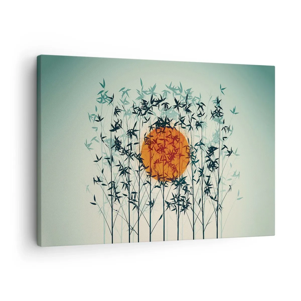 Cuadro sobre lienzo - Impresión de Imagen - Sol naranja entre las ramas de bambú. - 70x50cm - El sol de Japón - Decoración de pared moderna para salón y dormitorio ARTTOR