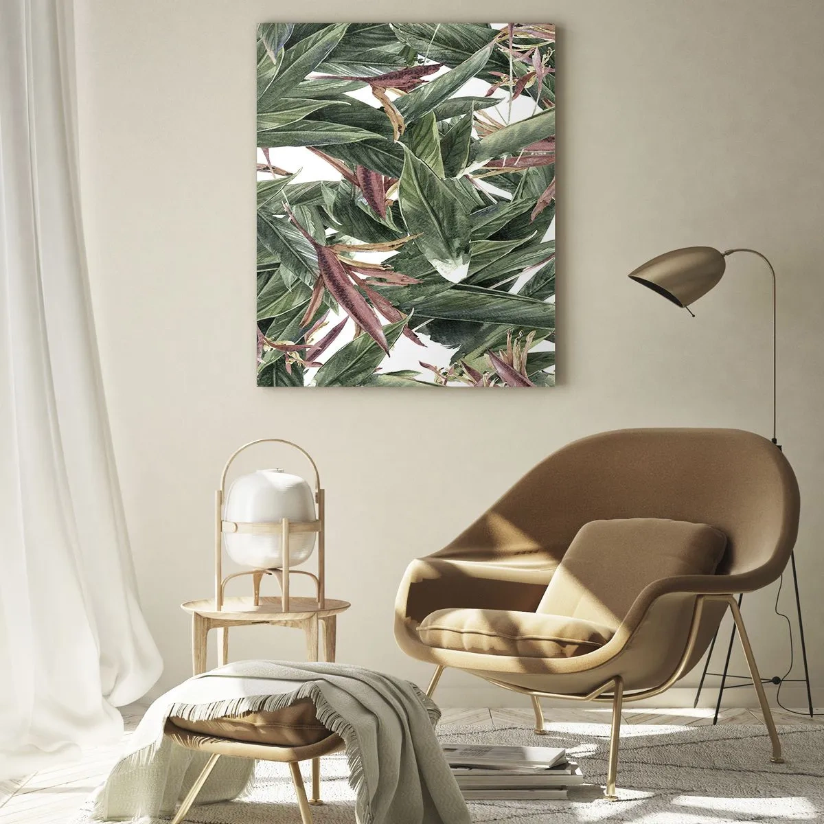 Cuadro sobre vidrio - Impresiones sobre Vidrio - Un motivo decorativo de hojas en tonos verdes y burdeos sobre un fondo claro. - 80x120cm - Naturaleza esmeralda y lila - Decoración de pared moderna para salón y dormitorio ARTTOR