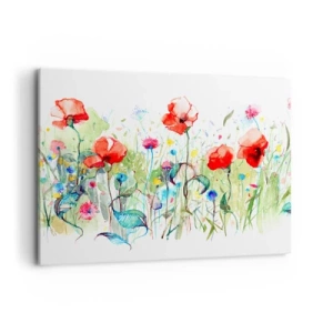 Cuadro sobre lienzo - Impresión de Imagen - Un prado con amapolas rojas y flores de colores en acuarela. - 100x70cm - Un prado en flor en mayo - Decoración de pared moderna para salón y dormitorio ARTTOR