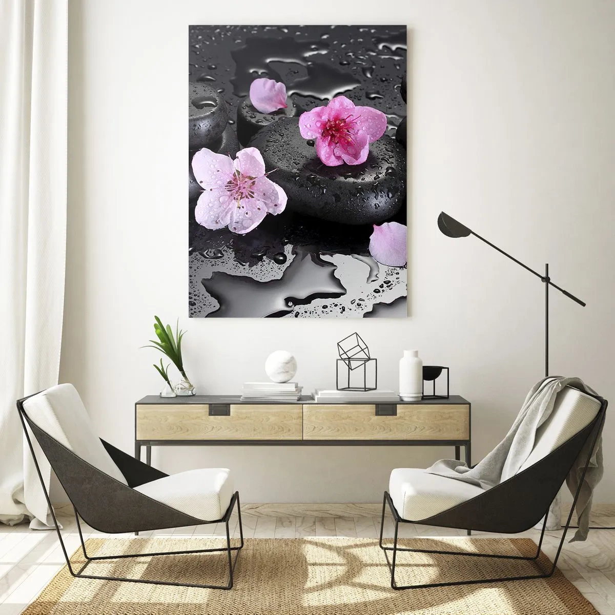 Cuadro sobre vidrio - Impresiones sobre Vidrio - Piedras de spa con flores sobre un fondo húmedo. - 50x70cm - Y una piedra cae del corazón - Decoración de pared moderna para salón y dormitorio ARTTOR