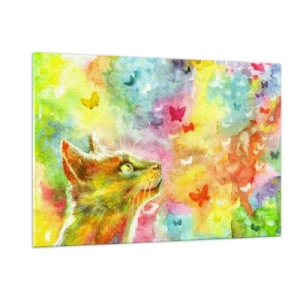 Cuadro sobre vidrio - Impresiones sobre Vidrio - Un gato observando mariposas de colores con un fondo pastel. - 120x80cm - En el paraíso de los gatos - Decoración de pared moderna para salón y dormitorio ARTTOR