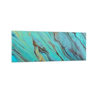 Cuadro sobre vidrio - Impresiones sobre Vidrio - Ondas abstractas en tonos turquesa y dorado - 140x50cm - Marea turquesa - Decoración de pared moderna para salón y dormitorio ARTTOR