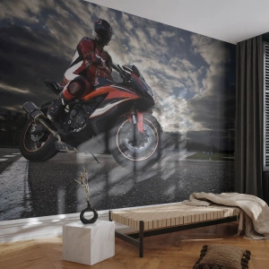 Fotomural Premium Canvas - Un motociclista en una motocicleta deportiva contra un cielo nublado. - 100x70cm - Motorista oscuro - Decoración de pared moderna para salón y dormitorio ARTTOR