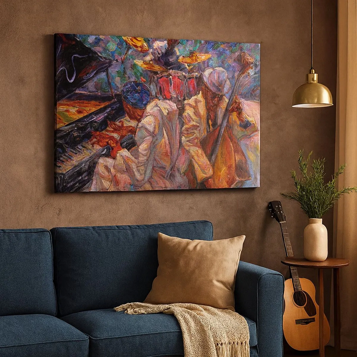 Cuadro sobre lienzo - Impresión de Imagen - Escena de jazz enérgica con músicos e instrumentos. - 70x50cm - En un ritmo mágico - Decoración de pared moderna para salón y dormitorio ARTTOR