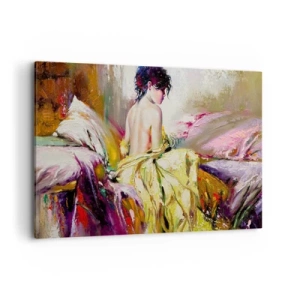 Cuadro sobre lienzo - Impresión de Imagen - Una escena pictórica de una mujer en una cama en una atmósfera romántica. - 120x80cm - La hermosura y frescura de la flor - Decoración de pared moderna para salón y dormitorio ARTTOR