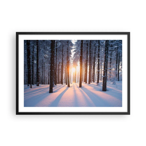 Póster en marco negro - Bosque invernal iluminado por los rayos del sol. - 70x50cm - Claramente en blanco y negro - Decoración de pared moderna para salón y dormitorio ARTTOR