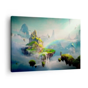 Cuadro sobre lienzo - Impresión de Imagen - Islas voladoras entre las nubes con un arcoíris en el horizonte. - 70x50cm - El medio de la nada - islas flotantes - Decoración de pared moderna para salón y dormitorio ARTTOR