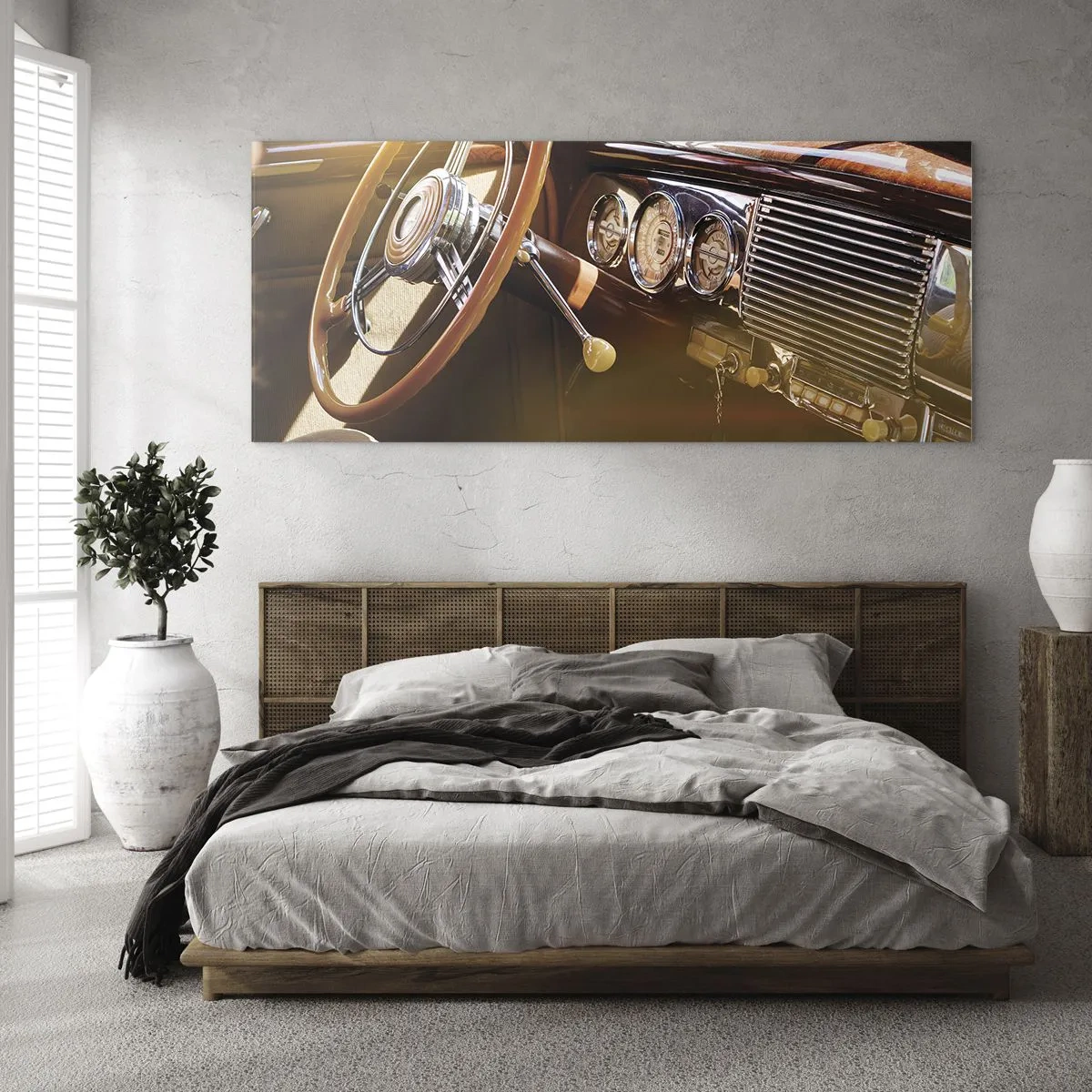Cuadro sobre vidrio - Impresiones sobre Vidrio - Primer plano del interior de un coche clásico con detalles en madera y cromo. - 160x50cm - Un soplo de lujo del pasado - Decoración de pared moderna para salón y dormitorio ARTTOR