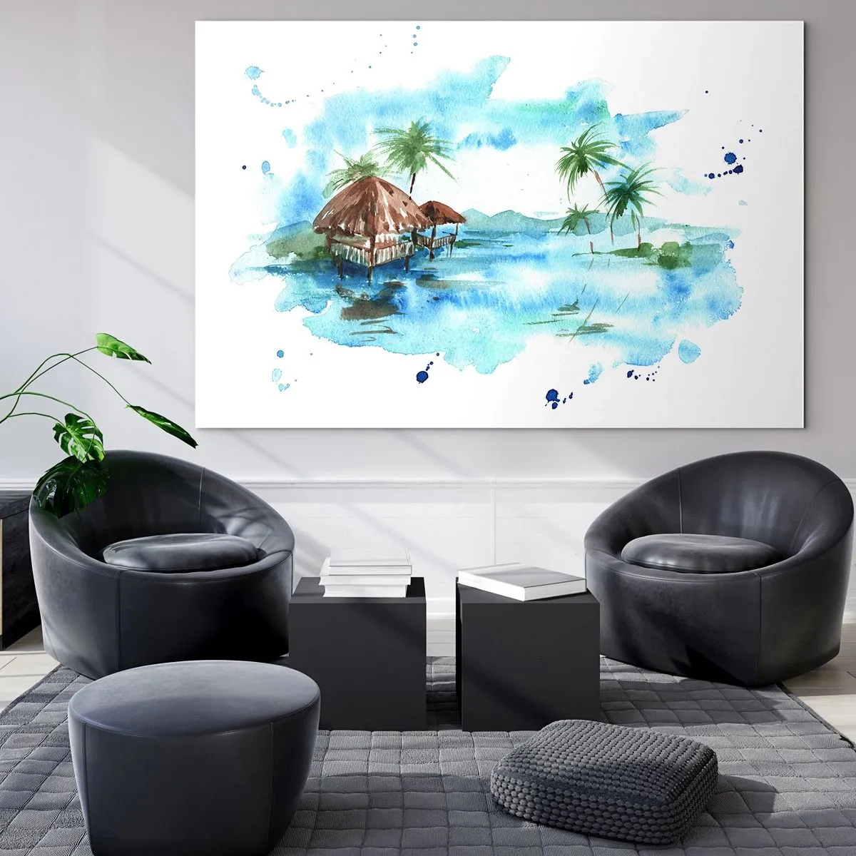 Cuadro sobre vidrio - Impresiones sobre Vidrio - Paisaje tropical con palmeras y una cabaña en estilo acuarela. - 120x80cm - En algún lugar del Pacífico - Decoración de pared moderna para salón y dormitorio ARTTOR
