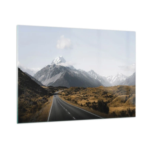 Cuadro sobre vidrio - Impresiones sobre Vidrio - Una carretera asfaltada que conduce hacia las montañas cubiertas de nieve. - 100x70cm - El camino al corazón de las montañas - Decoración de pared moderna para salón y dormitorio ARTTOR
