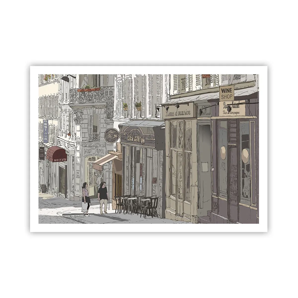 Póster - Ilustración de una calle de la ciudad con cafés y tiendas. - 100x70cm - Alegrías urbanas - Decoración de pared moderna para salón y dormitorio ARTTOR