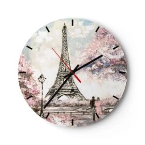 Reloj de pared - Reloj de vidrio - La Torre Eiffel rodeada de árboles en flor. - 30x30cm - Un paseo por París en abril - Decoración de pared moderna para salón, cocina y dormitorio ARTTOR