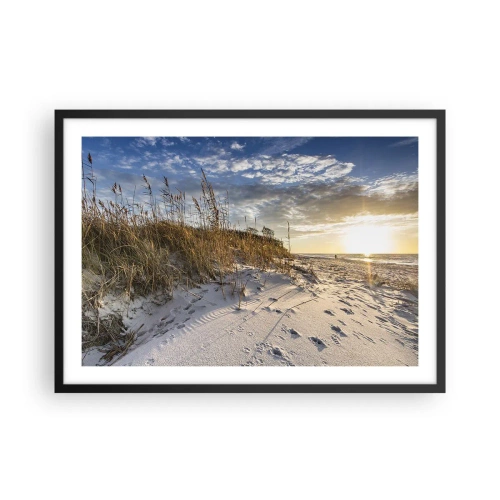 Póster en marco negro - Dunas con hierba y huellas en la arena al atardecer - 70x50cm - Invitación a un paseo - Decoración de pared moderna para salón y dormitorio ARTTOR