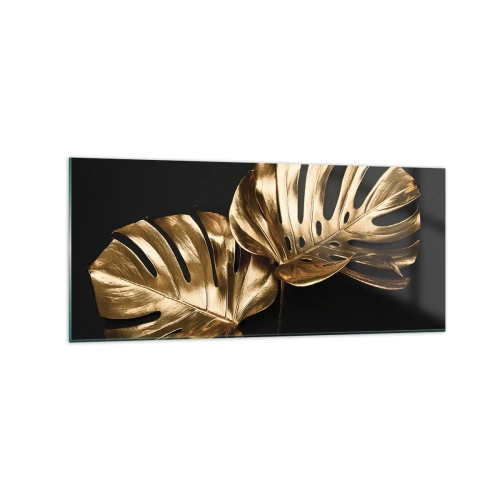 Cuadro sobre vidrio - Impresiones sobre Vidrio - Hojas de monstera doradas sobre fondo negro - 120x50cm - Tesoros de la naturaleza - Decoración de pared moderna para salón y dormitorio ARTTOR