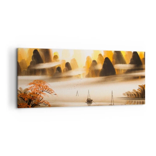 Cuadro sobre lienzo - Impresión de Imagen - Un paisaje oriental con un río, montañas y una suave niebla. - 120x50cm - Más allá del Lejano Oriente - Decoración de pared moderna para salón y dormitorio ARTTOR