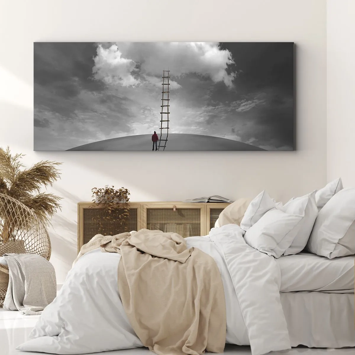Cuadro sobre lienzo - Impresión de Imagen - Una persona con un abrigo rojo y una escalera que conduce a una nube. - 160x50cm - Todo es posible - Decoración de pared moderna para salón y dormitorio ARTTOR
