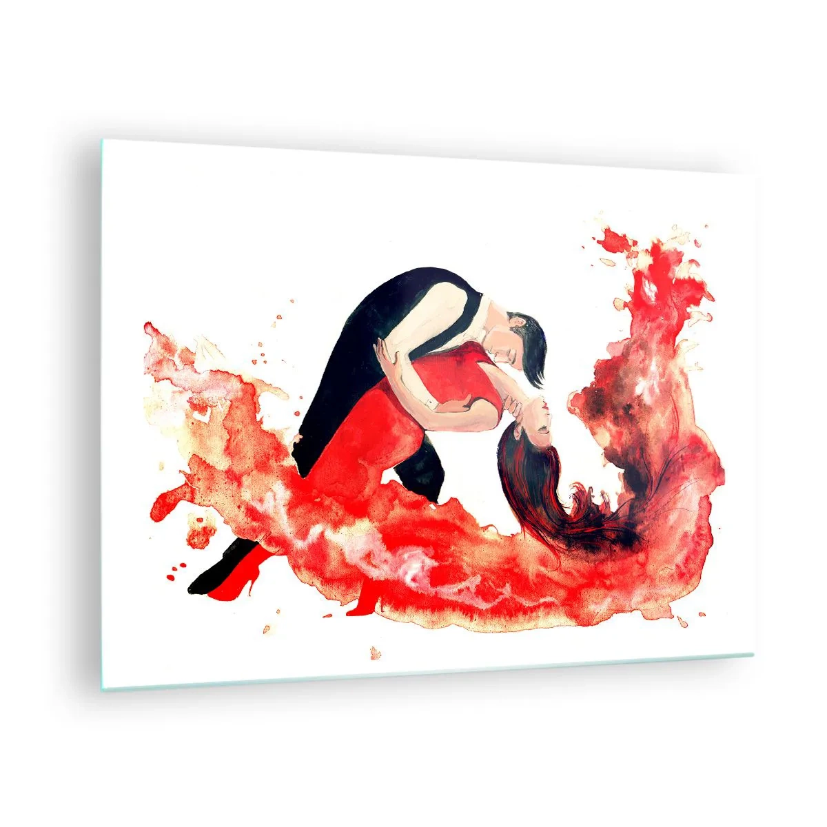 Cuadro sobre vidrio - Impresiones sobre Vidrio - Una pareja bailando en una composición dinámica de acuarela roja. - 70x50cm - El tango: una ola sensual - Decoración de pared moderna para salón y dormitorio ARTTOR