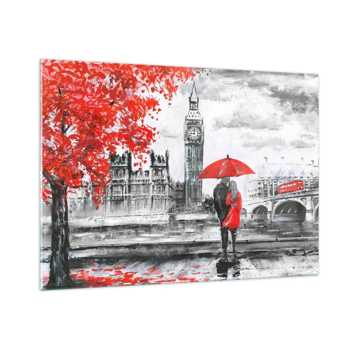 Cuadro sobre vidrio - Impresiones sobre Vidrio - Una pareja bajo un paraguas rojo con el Big Ben y árboles otoñales al fondo. - 100x70cm - Londres enamora - Decoración de pared moderna para salón y dormitorio ARTTOR