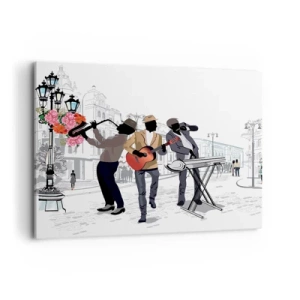 Cuadro sobre lienzo - Impresión de Imagen - Músicos callejeros tocando con el paisaje urbano como telón de fondo - 100x70cm - Música de la calle - Decoración de pared moderna para salón y dormitorio ARTTOR